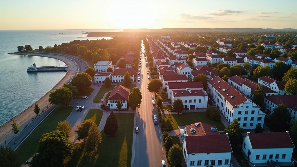Aerial view of Pärnu city center with cultural buildings and beach area, showing the compact layout and proximity to seaside venues