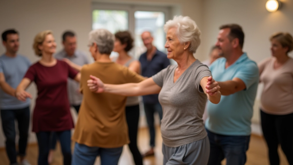 Group of mature adults in a bachata class learning together, showing progression and supportive atmosphere
