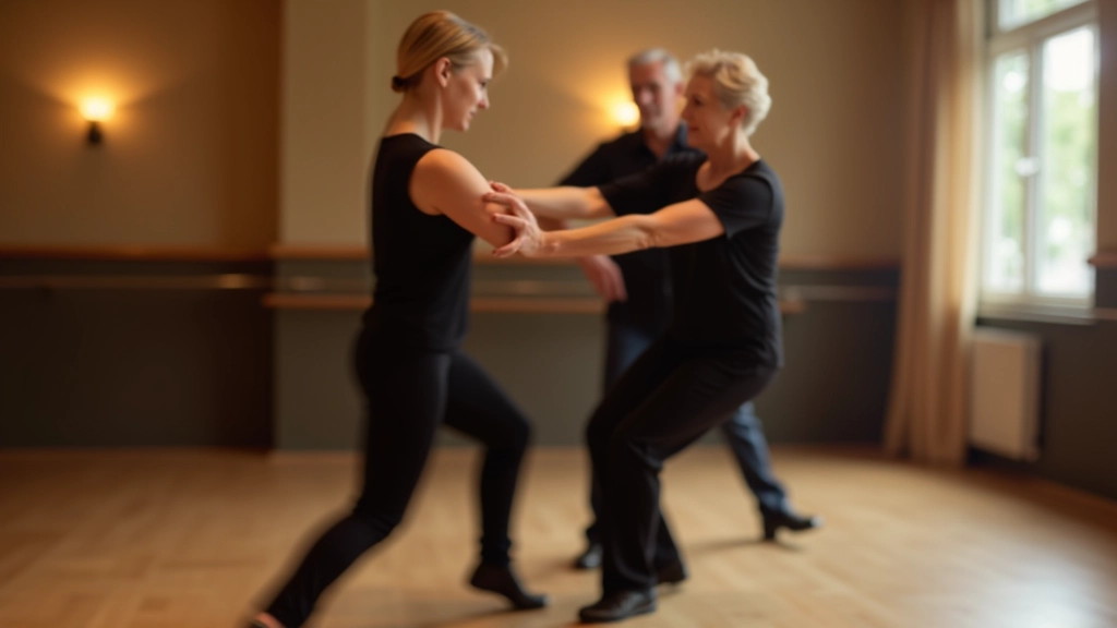 Instructor demonstrating basic salsa steps with a student in a dance studio setting with supportive hand positioning