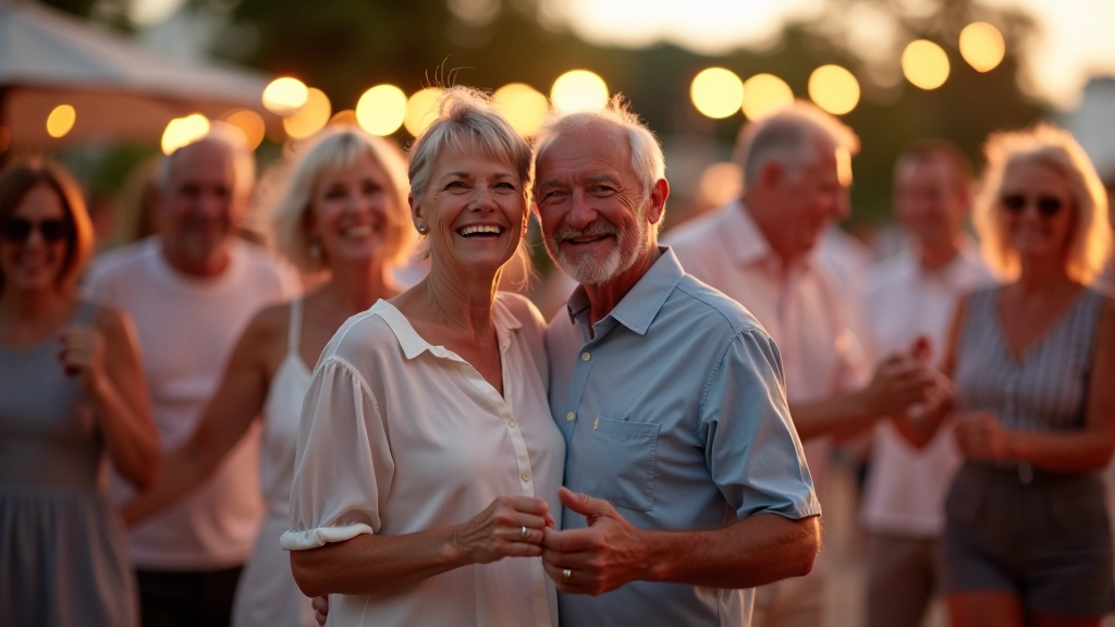 Group of mature dancers aged 50-75 enjoying a social dance at an outdoor summer venue in Estonia, showing diverse participants