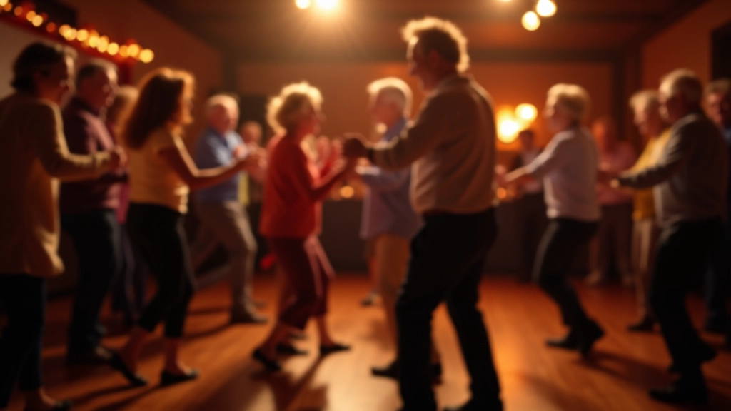 Group of dancers on a dance floor during evening social event, various ages and skill levels dancing together