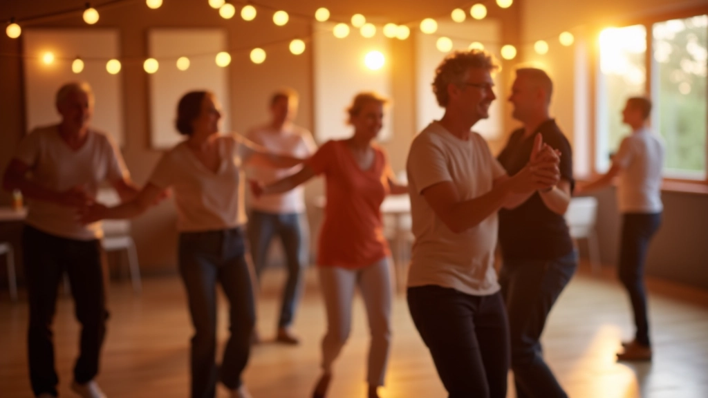 Group of mature adults dancing together in a bright studio space with wooden floors and warm lighting