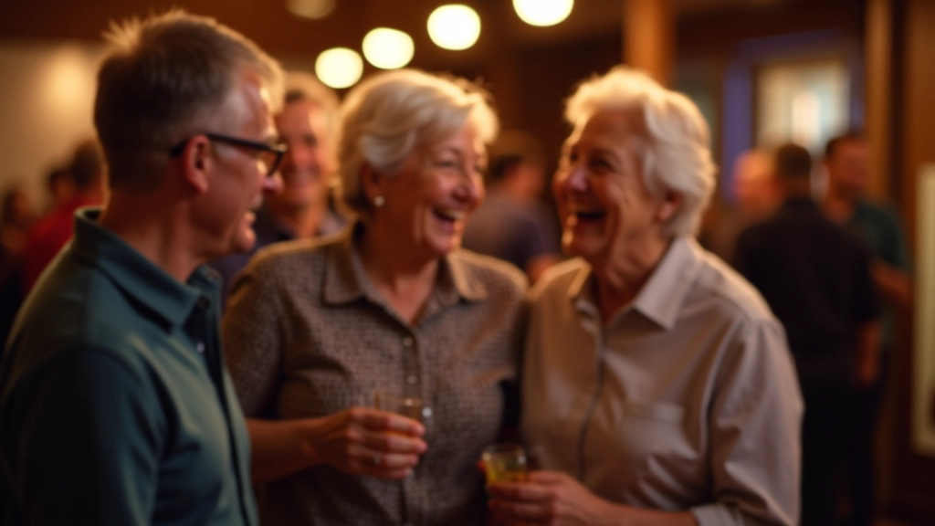 Group of mature adults laughing together during a social dance event in a community center