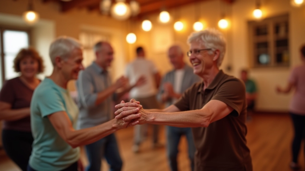 Retirees dancing together at a social dance event