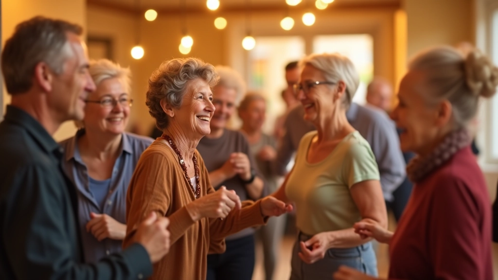Retirees dancing together at a social dance event