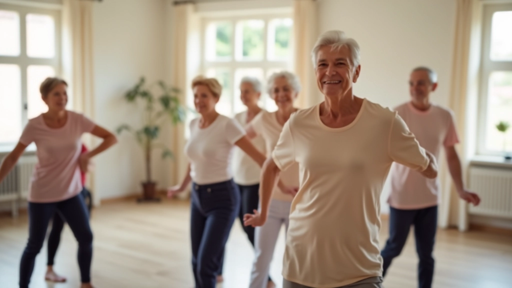 Group of mature adults enjoying an active dance session together in a studio