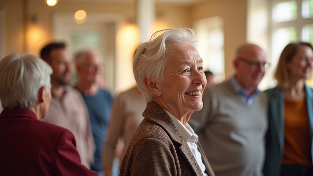 Mature adults chatting and socializing before dancing begins at a community event