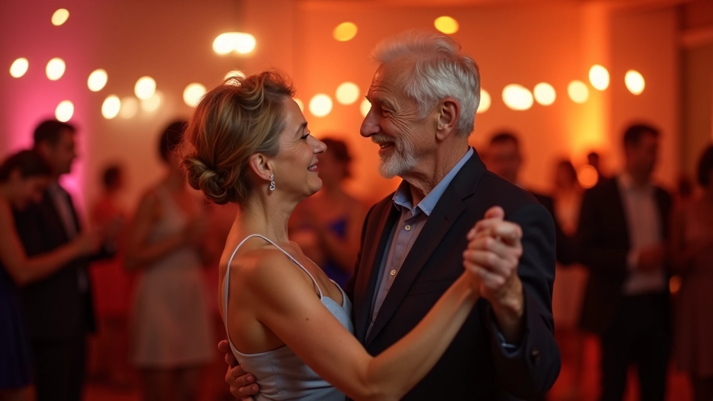 Mature couple enjoying a social dance event with other dancers in the background