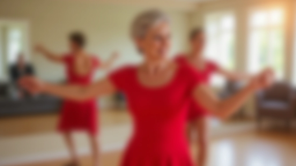 Mature woman performing a graceful salsa turn with proper posture and extended arm in a bright dance studio