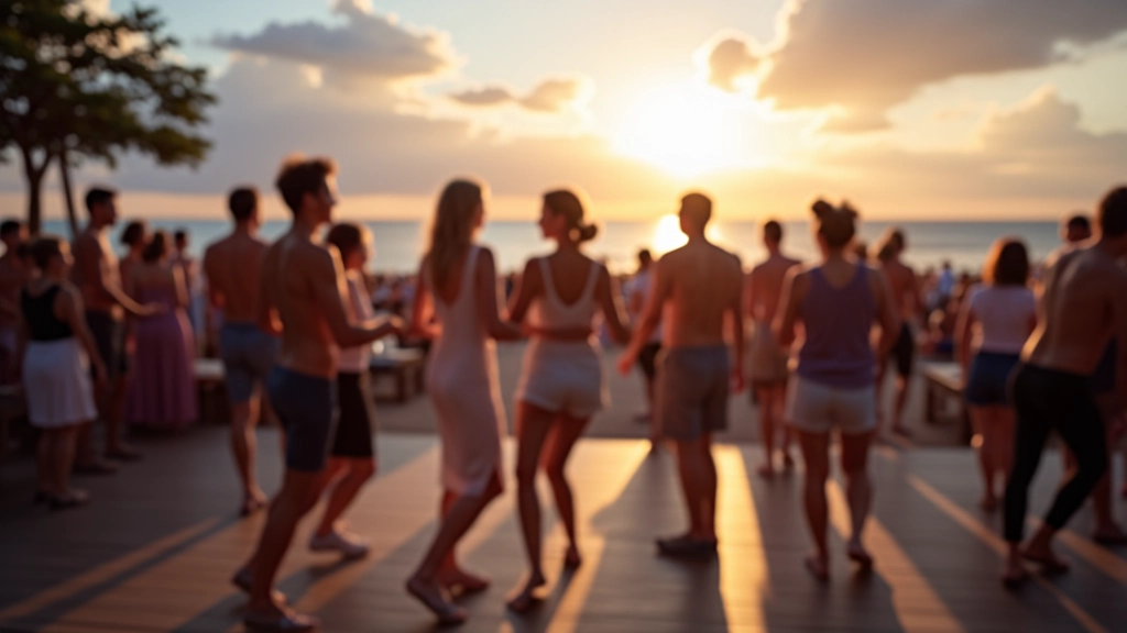 Pärnu summer beach area with open-air dance floor setup, evening lighting, and people enjoying coastal atmosphere